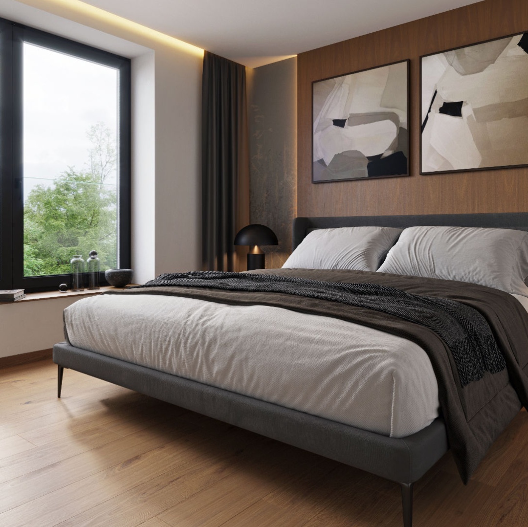 Vizualizace ložnice s výhledem do zeleně