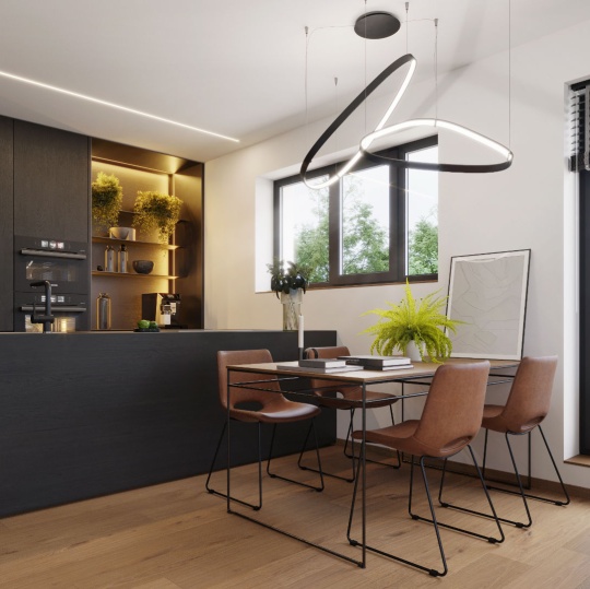 Vizualizace obývacího pokoje s jídelnou